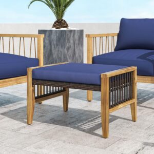 HAPPYGRILL 2 Pieces Outdoor Patio Ottomans, Acacia Wood Outdoor Footstools with Removable Cushions, Multifunctional Outdoor Wicker Footrest, Additional Sating, Navy