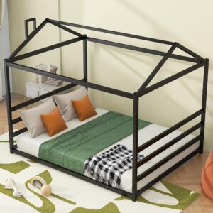 Queen Size House Bed, Metal Montessori Floor Beds for Kids, Steel Cabin/Tent/Canopy Bed Frame for Girls Boys Teens Adults, Black