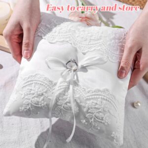 HONEYGIFTS Wedding Party Ring Pillow, 8x8in White Bearer Cushion Lace Pearl Wedding Ring Pillow with Embroider for Beach Wedding