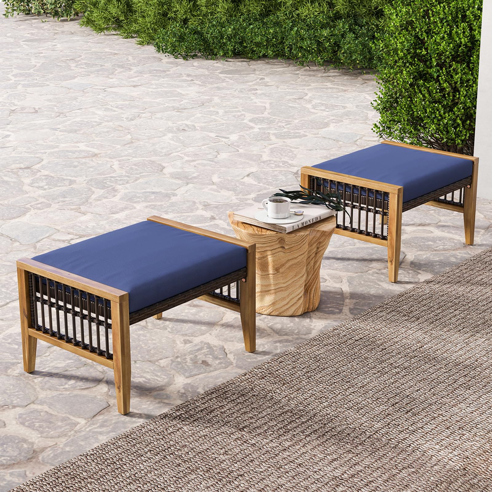 HAPPYGRILL 2 Pieces Outdoor Patio Ottomans, Acacia Wood Outdoor Footstools with Removable Cushions, Multifunctional Outdoor Wicker Footrest, Additional Sating, Navy