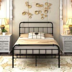 juyoupro 18 inch queen size metal platform bed frame with high victorian style wrought headboard/footboard, no box spring needed,noise-free,black