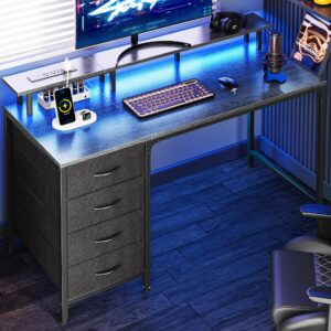 huuger 47 inch computer desk with power outlets and led lights, gaming desk with 4 drawers, office desk with monitor stand, study desk work desk for home office, small spaces, gray