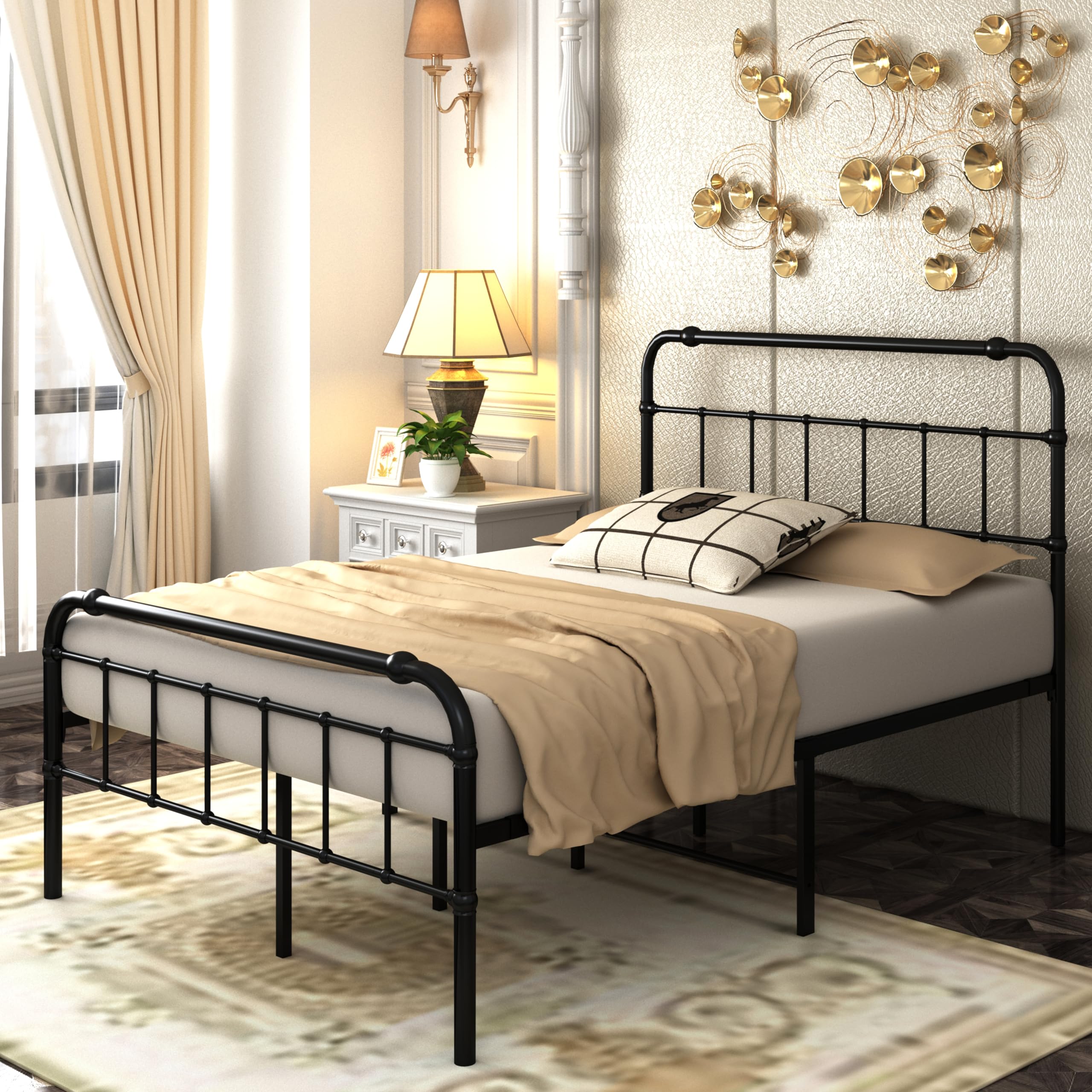 Juyoupro 18 inch Queen Size Metal Platform Bed Frame with High Victorian Style Wrought Headboard/Footboard, No Box Spring Needed,Noise-Free,Black