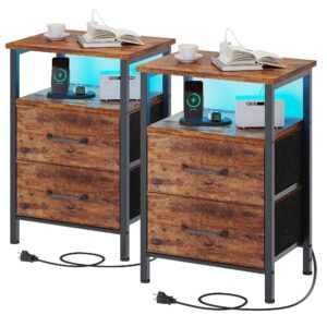 trifeble nightstands set of 2, night stand with charging station and led lights, bedside table with 2 fabric drawers for bedroom, small side end table with open shelf, rustic brown