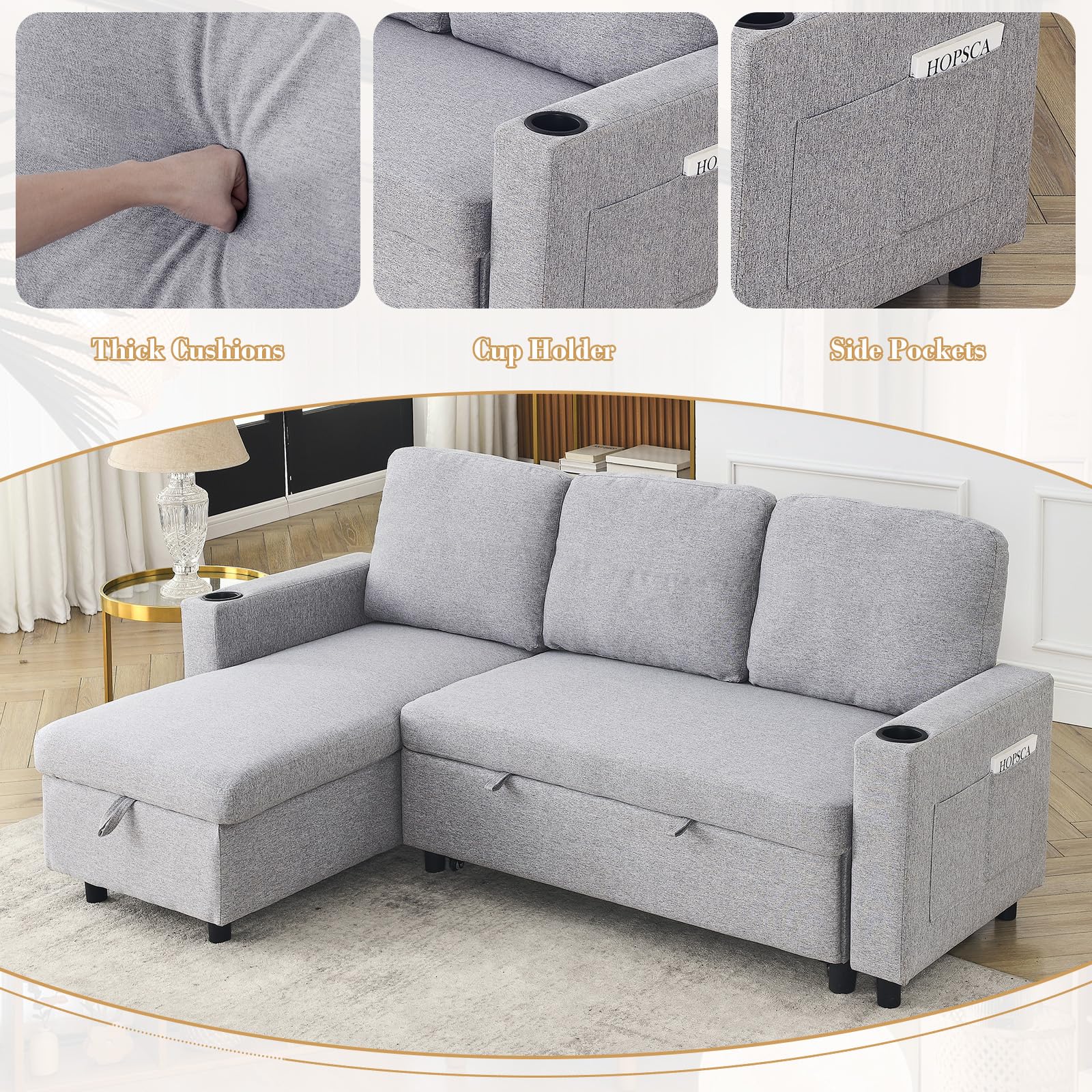 JEEOHEY 78.5" L Shape Couch Sofa,Linen Convertible Modular Sectional 3 Seater Couch w/Reversible Storage Chaise&Cup Holder,Sleeper Pull Out Sofa Bed for Living Room,Apartment,Small Place(Light Grey)