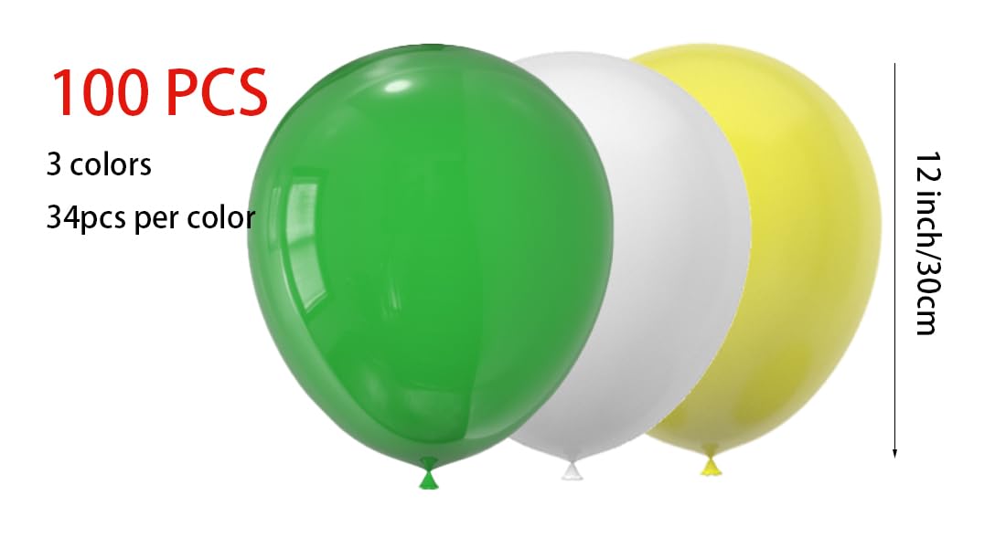 JODIDI 100 Pcs 12 Inch Latex Balloons in Green, White and Yellow, Perfect for Spring, Children's Birthday, Summer, Graduation, St. Patrick's Day， Wedding and Baby Shower Party Balloons Decorations