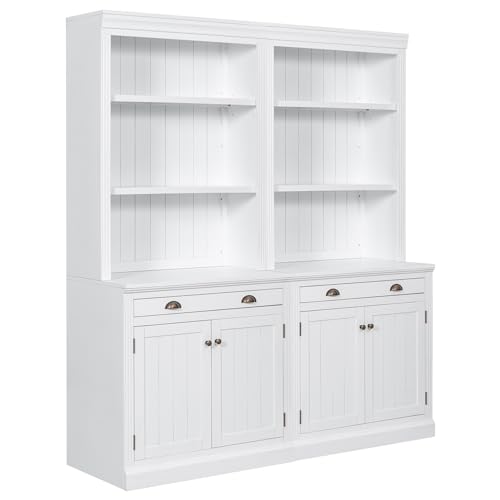 Merax 83.4" Tall Storage Bookshelf Bookcase 2-Piece Set with LED Lighting,2 Doors and 1 Drawer and Open Shelves for Home Office,White