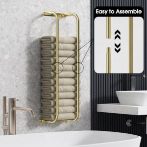 Danpoo Towel Racks for Bathroom Wall Mounted, Towel Storage Organizer, Stainless Steel Bath Towels Holder for Rolled Towels, with 2 Hooks, Brushed Gold