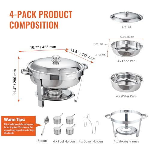 VEVOR Chafing Dish Buffet Set, 6 Qt 4 Pack, Stainless Steel Chafer with Full Size Pan, Round Catering Warmer Server with Lid Water Pan Stand Fuel Holder Cover Holder Spoon, for at Least 6 People Each