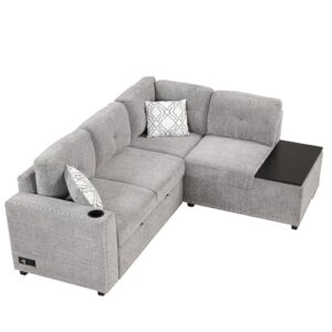 EOVTK Reversible Sectional Pull-Out Sofa Bed, L-Shaped Corner Couch with Storage Chaise, USB Ports, Power Sockets, Cup Holder for Living Room, Light Gray