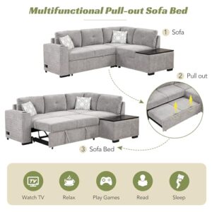 EOVTK Reversible Sectional Pull-Out Sofa Bed, L-Shaped Corner Couch with Storage Chaise, USB Ports, Power Sockets, Cup Holder for Living Room, Light Gray