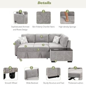 EOVTK Reversible Sectional Pull-Out Sofa Bed, L-Shaped Corner Couch with Storage Chaise, USB Ports, Power Sockets, Cup Holder for Living Room, Light Gray