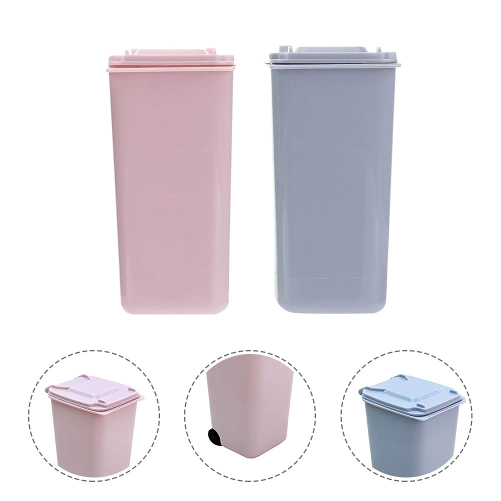 TEHAUX 2pcs Desktop Trash Can, Mini Garbage Can Desk Trash Can Trash Bucket Tabletop Trash Can Mini Garbage Can Desk Pen Holder Mini Trash Can with Lid for Home Office (Pink and Blue)