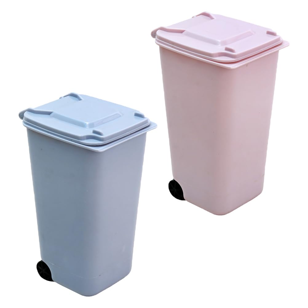 TEHAUX 2pcs Desktop Trash Can, Mini Garbage Can Desk Trash Can Trash Bucket Tabletop Trash Can Mini Garbage Can Desk Pen Holder Mini Trash Can with Lid for Home Office (Pink and Blue)