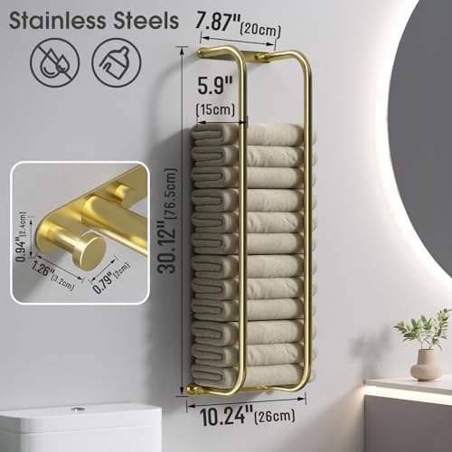 Danpoo Towel Racks for Bathroom Wall Mounted, Towel Storage Organizer, Stainless Steel Bath Towels Holder for Rolled Towels, with 2 Hooks, Brushed Gold