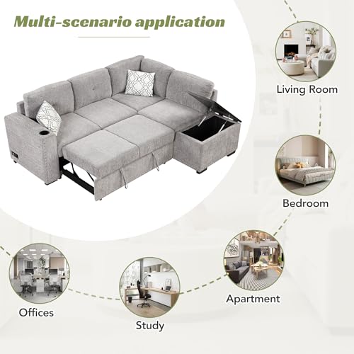 EOVTK Reversible Sectional Pull-Out Sofa Bed, L-Shaped Corner Couch with Storage Chaise, USB Ports, Power Sockets, Cup Holder for Living Room, Light Gray