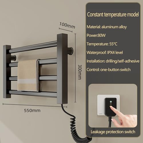 EEYZD Towel Warmers for Bathroom Plug in Towel Warmer Wall Mount Aluminum Alloy 80w,55°C Constant Temperature,Ipx4 Level,Punch-Hole/Punch-Free One-Button Switch,Black