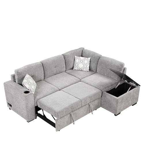 EOVTK Reversible Sectional Pull-Out Sofa Bed, L-Shaped Corner Couch with Storage Chaise, USB Ports, Power Sockets, Cup Holder for Living Room, Light Gray