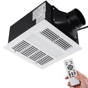 vevor bathroom exhaust fan, 110 cfm ventilation, 1.5sones low noise operation, remote control, cooling&heating, led light 3000/4000/5000k, airflow speed&light brightness adjustable, timer