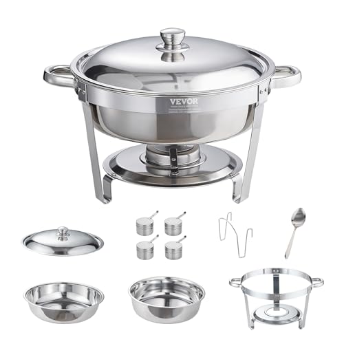 VEVOR Chafing Dish Buffet Set, 6 Qt 4 Pack, Stainless Steel Chafer with Full Size Pan, Round Catering Warmer Server with Lid Water Pan Stand Fuel Holder Cover Holder Spoon, for at Least 6 People Each