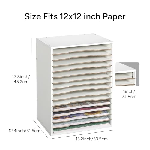 Caydo 15 Slot Paper Organizer Storage, Wood Adjustable Shelves Paper Storage Shelf with Extraction Slot for 12x12Inch Scrapbooks, Heat Transfer Papers, Files, Vinyl fo Office, Home (White)