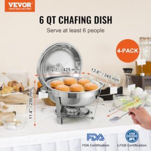 VEVOR Chafing Dish Buffet Set, 6 Qt 4 Pack, Stainless Steel Chafer with Full Size Pan, Round Catering Warmer Server with Lid Water Pan Stand Fuel Holder Cover Holder Spoon, for at Least 6 People Each