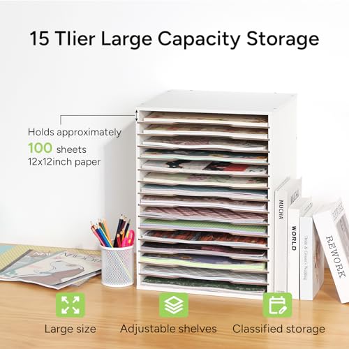 Caydo 15 Slot Paper Organizer Storage, Wood Adjustable Shelves Paper Storage Shelf with Extraction Slot for 12x12Inch Scrapbooks, Heat Transfer Papers, Files, Vinyl fo Office, Home (White)