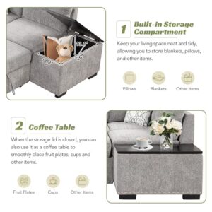 EOVTK Reversible Sectional Pull-Out Sofa Bed, L-Shaped Corner Couch with Storage Chaise, USB Ports, Power Sockets, Cup Holder for Living Room, Light Gray