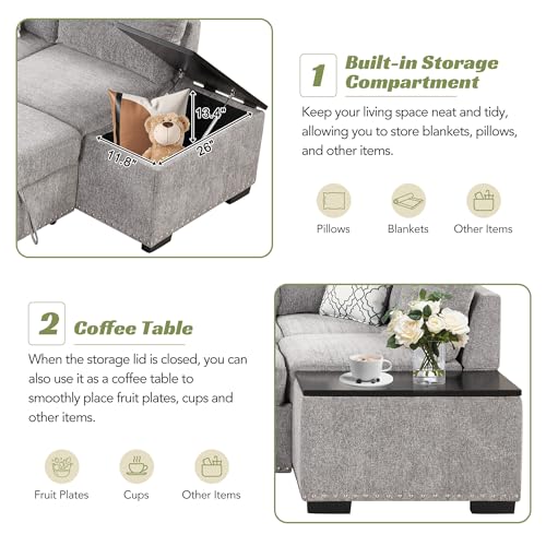 EOVTK Reversible Sectional Pull-Out Sofa Bed, L-Shaped Corner Couch with Storage Chaise, USB Ports, Power Sockets, Cup Holder for Living Room, Light Gray