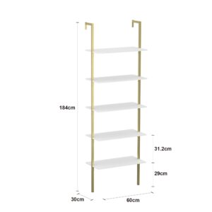 Panana Industrial 5 Tier Ladder Shelf, Open Space Book Shelf Wall Mount Bookshelf with Metal Frame Sturdy Bookcase for Living Room (White, 5 Tier)