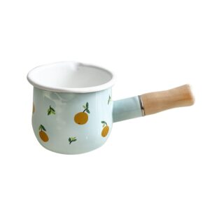 fyueropa enamel milk pot, butter warmer non-stick mini saucepan, 4 inch 17 oz small cookware with wooden handle, orange pattern