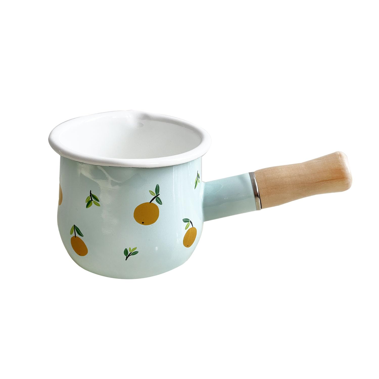 FYUEROPA Enamel Milk Pot, Butter Warmer Non-stick Mini Saucepan, 4 Inch 17 Oz Small Cookware with Wooden Handle, Orange Pattern