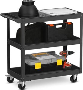 ironmax 3-tier utility service cart, 400 lbs heavy duty metal trolley rolling cart w/ergonomic flat handle, lockable 360°swivel wheels, chic mechanic tool cart for garage warehouse & repair shop