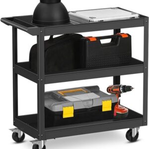 IRONMAX 3-Tier Utility Service Cart, 400 Lbs Heavy Duty Metal Trolley Rolling Cart w/Ergonomic Flat Handle, Lockable 360°Swivel Wheels, Chic Mechanic Tool Cart for Garage Warehouse & Repair Shop