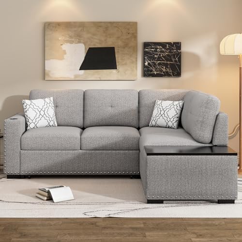 EOVTK Reversible Sectional Pull-Out Sofa Bed, L-Shaped Corner Couch with Storage Chaise, USB Ports, Power Sockets, Cup Holder for Living Room, Light Gray