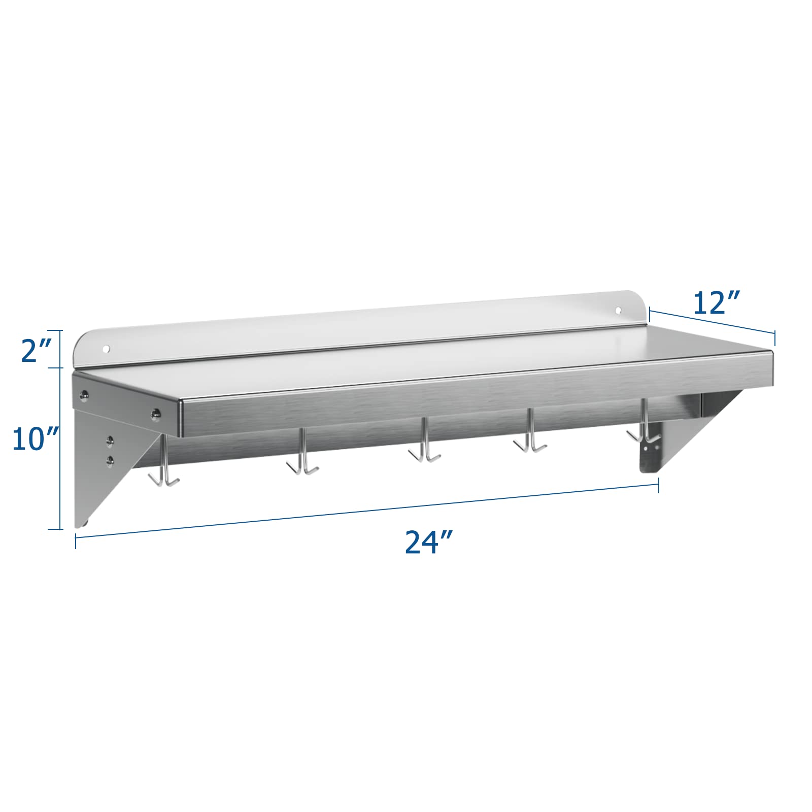 Garvee 12"x24" Stainless Steel Shelf,Multifunctional Metal Wall Mounted Shelf with 2 Stainless Steel Backsplashs and 5 Hooks