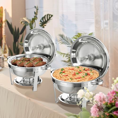 VEVOR Chafing Dish Buffet Set, 6 Qt 4 Pack, Stainless Steel Chafer with Full Size Pan, Round Catering Warmer Server with Lid Water Pan Stand Fuel Holder Cover Holder Spoon, for at Least 6 People Each