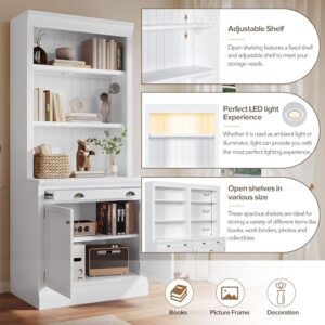 Merax 83.4" Tall Storage Bookshelf Bookcase 2-Piece Set with LED Lighting,2 Doors and 1 Drawer and Open Shelves for Home Office,White