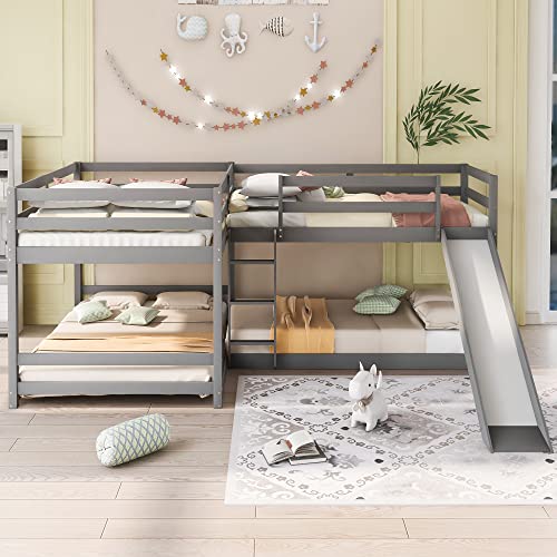 RORIGAT L Shaped Bunk Bed for 4, Wooden Quad Bunk Bed with Slide, Full Over Full Bunk Bed with Twin Over Twin Bunk Bed Attached for Kids Teens Bedroom-Gray