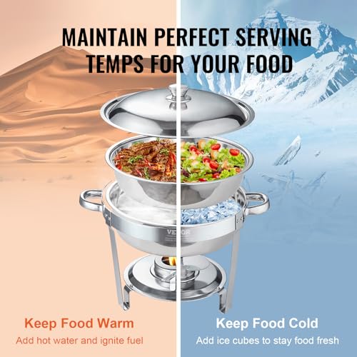 VEVOR Chafing Dish Buffet Set, 6 Qt 4 Pack, Stainless Steel Chafer with Full Size Pan, Round Catering Warmer Server with Lid Water Pan Stand Fuel Holder Cover Holder Spoon, for at Least 6 People Each