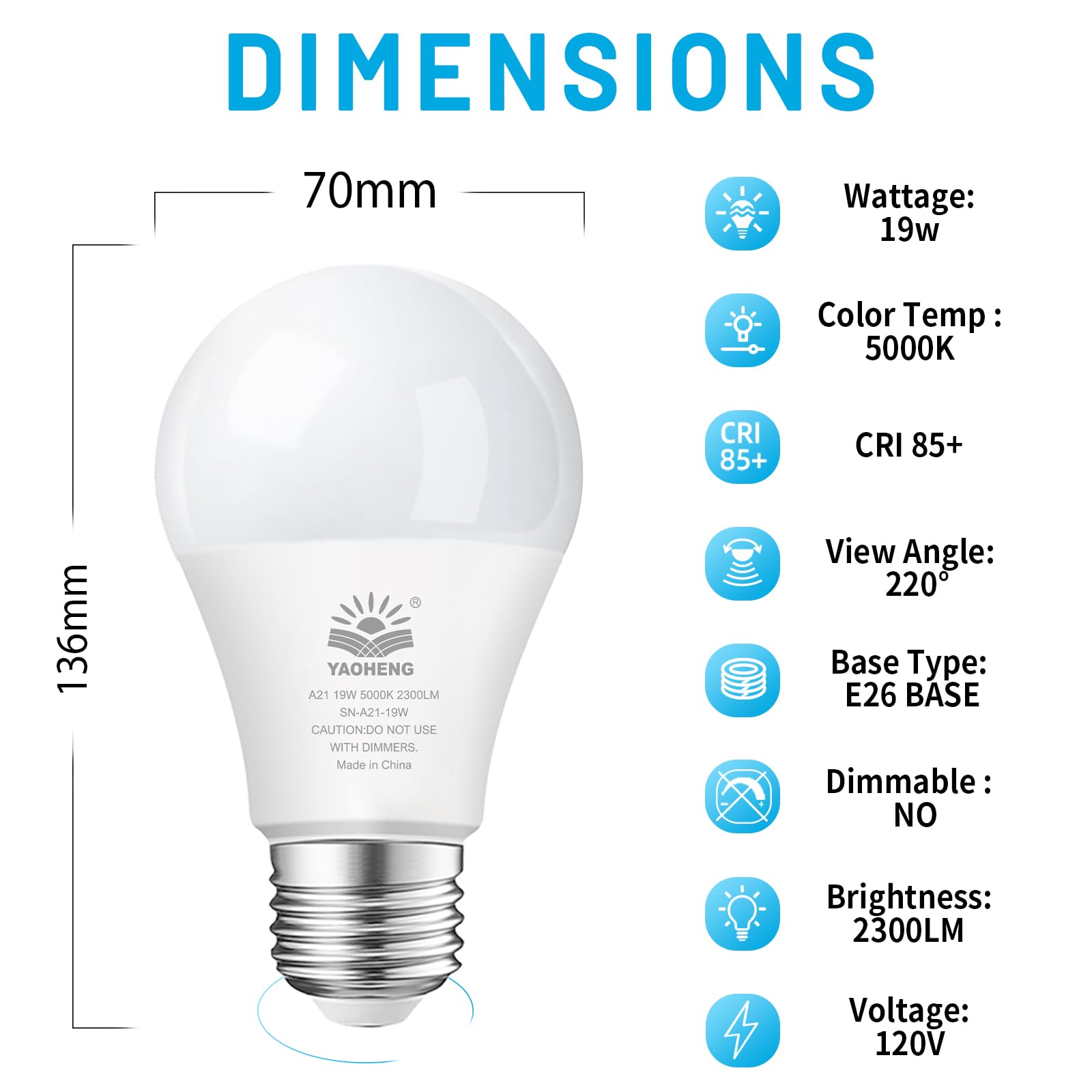 YAOHENG A21 LED Light Bulb, 150 Watt Equivalent LED Bulbs, 19W 5000K Daylight, 2300 Lumens, Non-Dimmable, E26 Base, Super Bright Light Bulb Indoor, Energy Efficient ETL Listed, 4-Pack