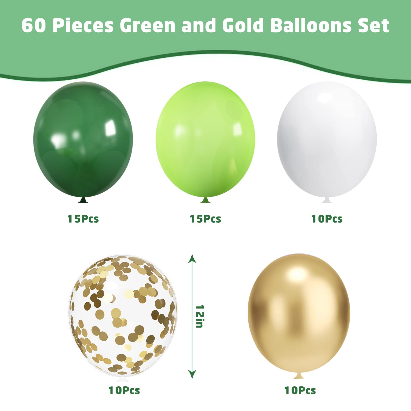 Green and Gold Balloons, 60 Pack 12 Inches Emerald Green Balloons White Gold Confetti Balloon for Birthday St Patrick's Day Jungle Safari Theme Party Decorations