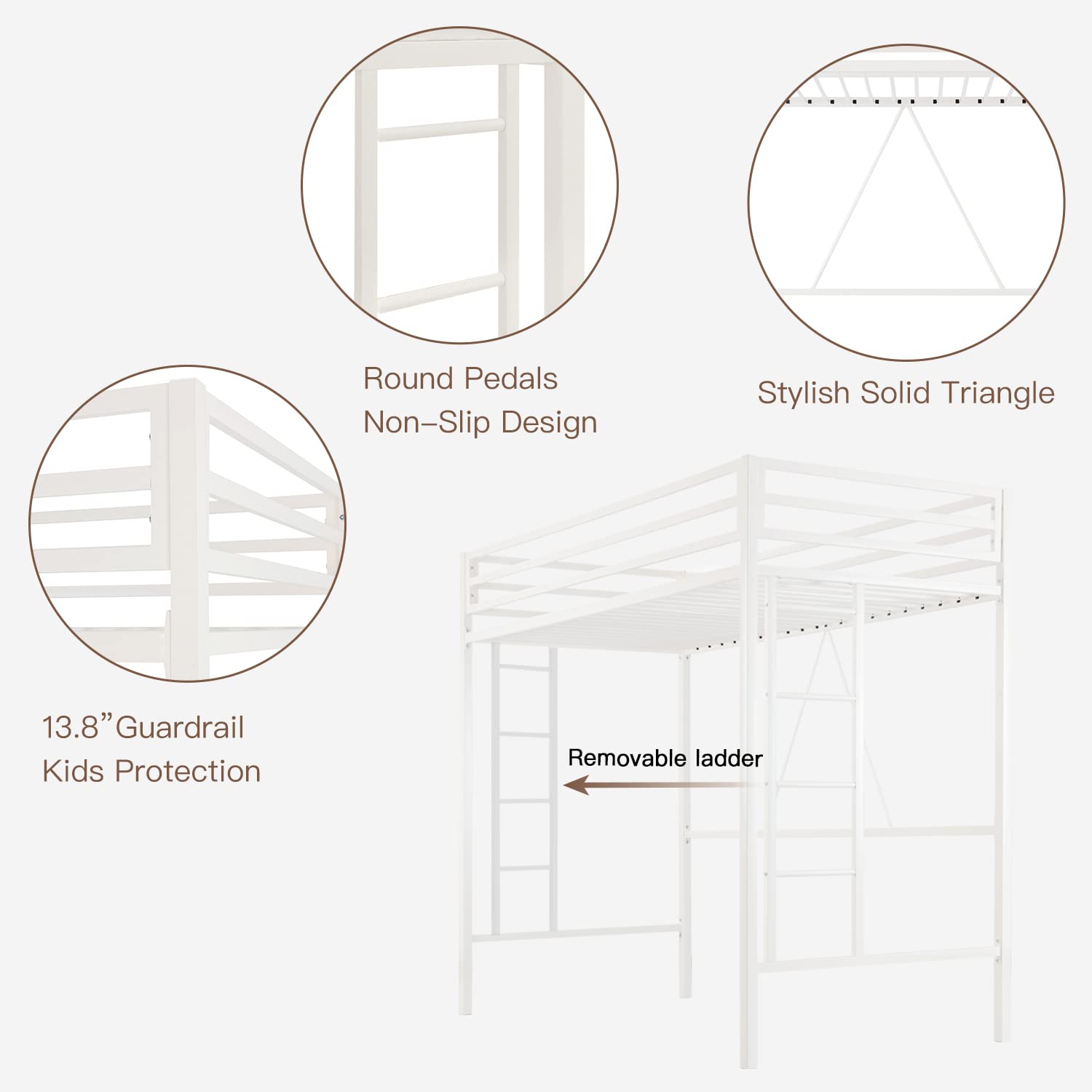 ikalido Twin Size Loft Bed, Multifunctional Metal Twin Bed with Safety Guard & Removable Ladder, Space-Saving Bed Frame for Small Bedroom, Matte White