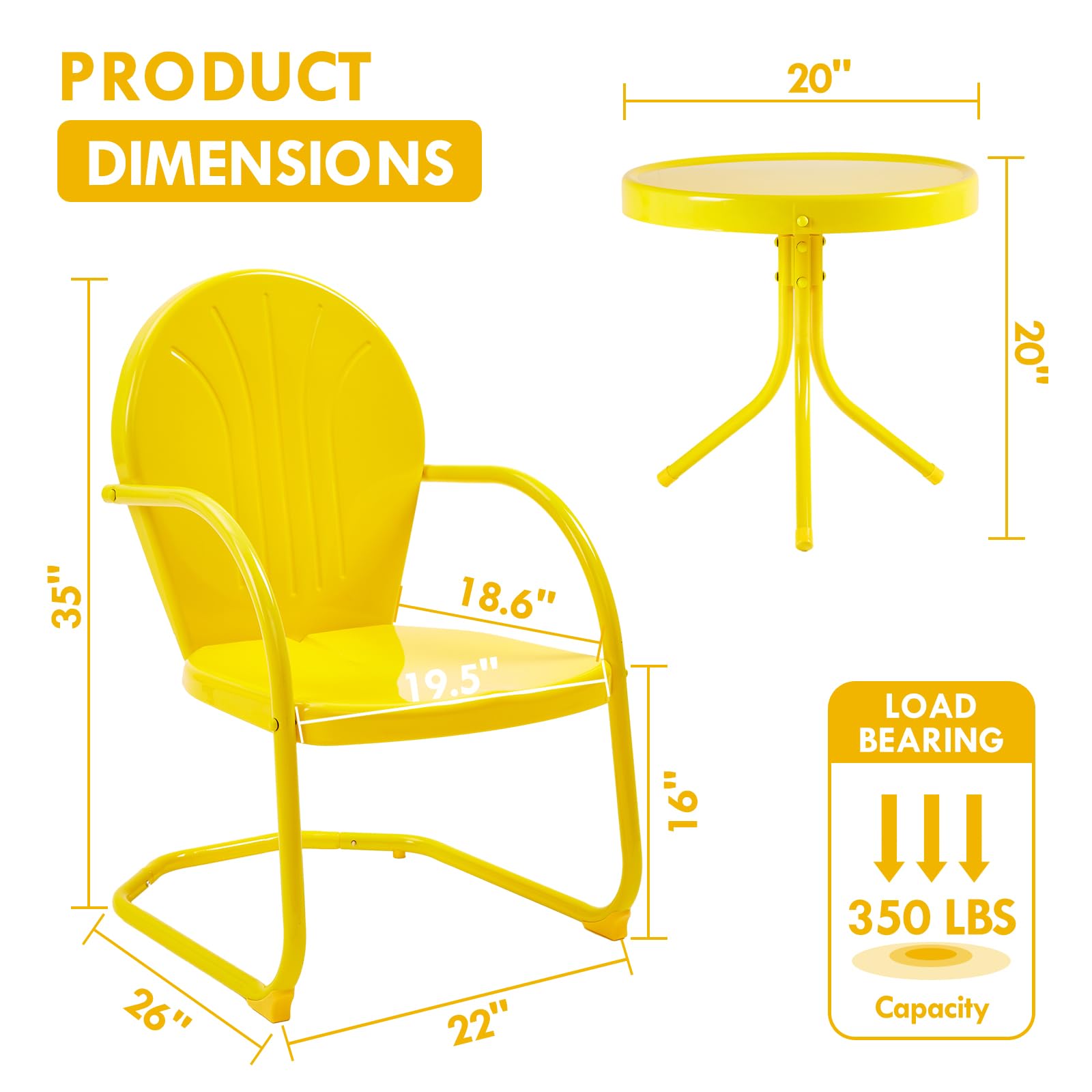 Marcytop Outdoor Bistro Set, 3 Pieces Retro Metal Porch Furniture Set, All-Weather Patio Bistro Set, 2 C-Spring Metal Chairs and Round Side Table for Porch, Garden, Lawn and Balcony, Yellow