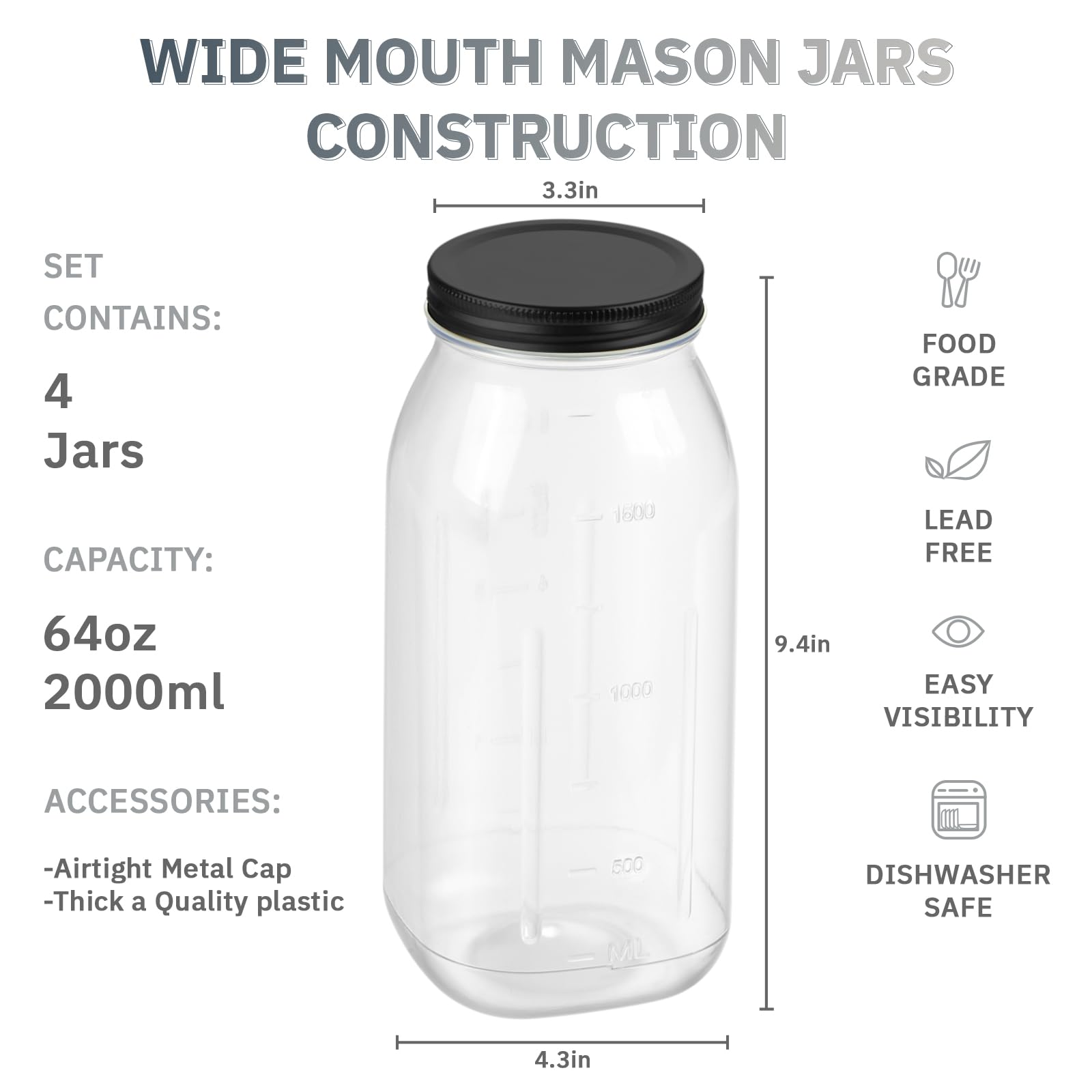 novelinks 4 Pack 64 OZ Plastic Wide Mouth Mason Jars with Airtight Lids - Wide Mouth Half Gallon Large Mason Jar 64 OZ Storage Canning Jar for Kitchen & Household Storage (Black)