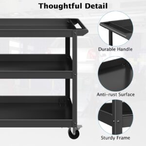 IRONMAX 3-Tier Utility Service Cart, 400 Lbs Heavy Duty Metal Trolley Rolling Cart w/Ergonomic Flat Handle, Lockable 360°Swivel Wheels, Chic Mechanic Tool Cart for Garage Warehouse & Repair Shop