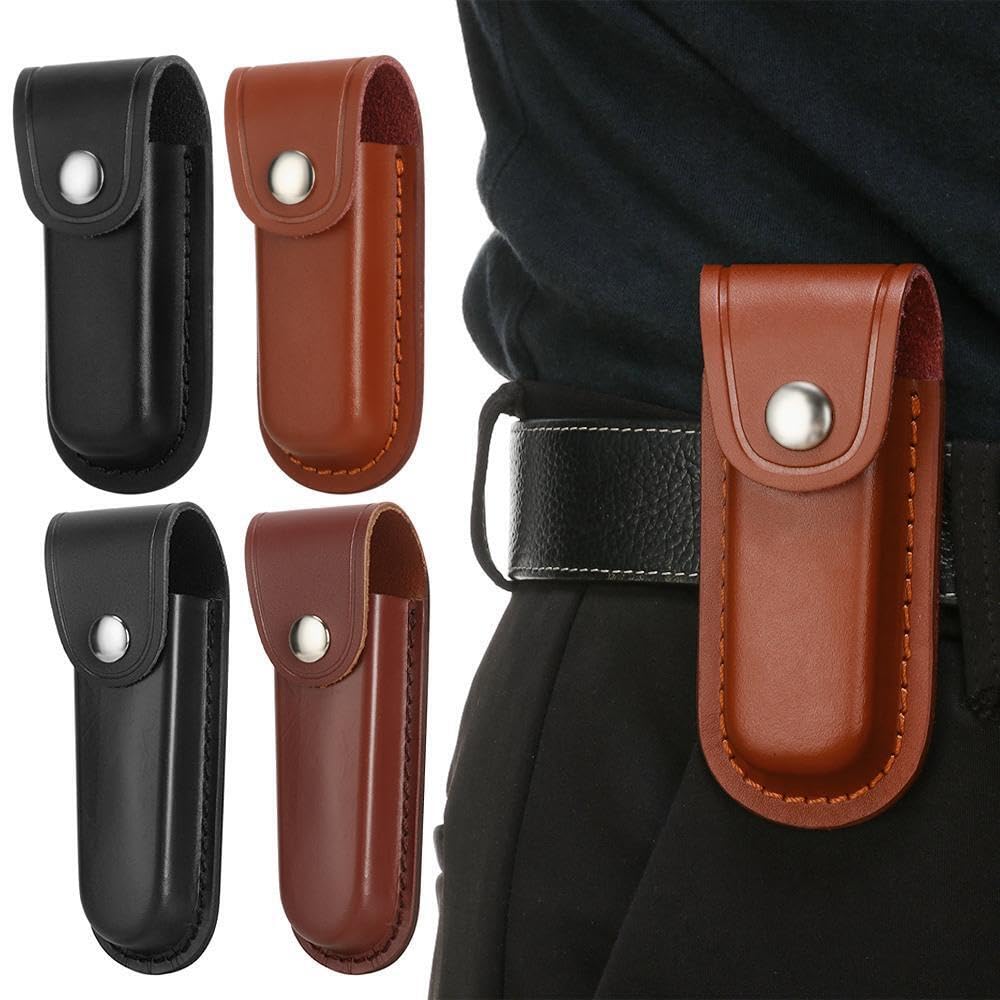 Jingelmall Pocket Knife Sheath Black Genuine Leather Belt Case Universal Folding Pocket Knife with Belt Loop Pouch Fits Any 5" Folding Pocket Knife