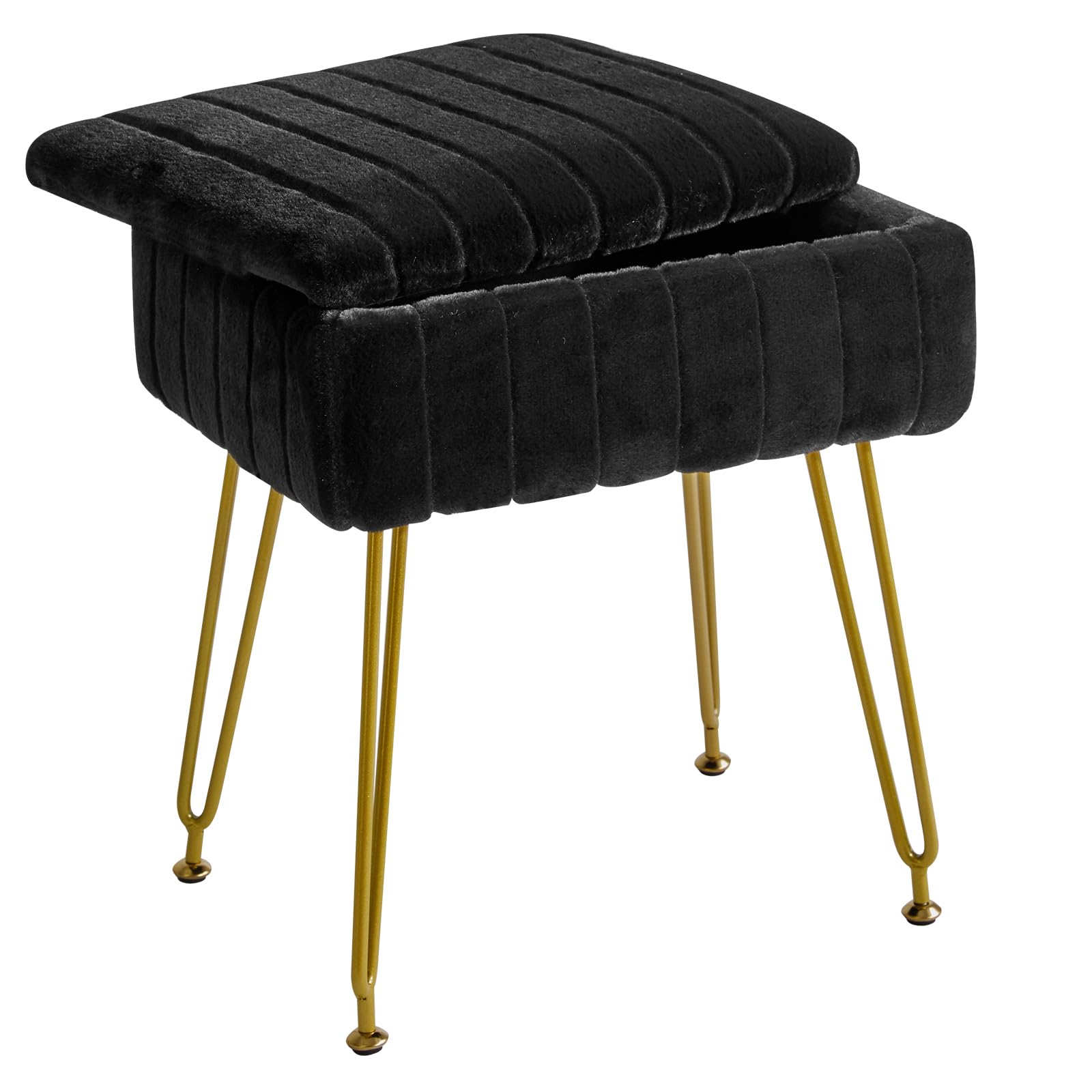 IBUYKE Stool Chair with Storage Space, Footrest Footstool Ottoman, Small Side Table, with 4 Metal Legs, with Anti-Slip Feet, for Makeup Room, Bedroom, Black, Faux Fur LG-50B