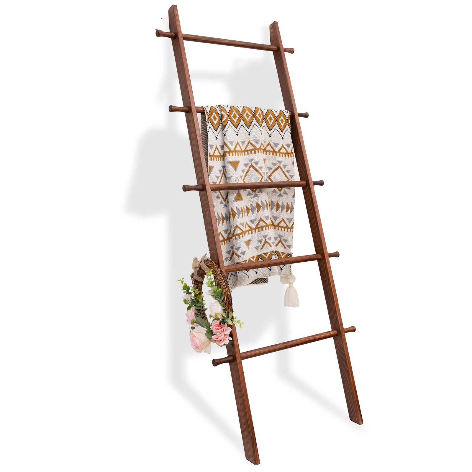 YPshuye 5-Tier Blanket Ladder, Wooden Quilt Stand Farmhouse Decorative Ladder Shelf, Quick Installation, Brown