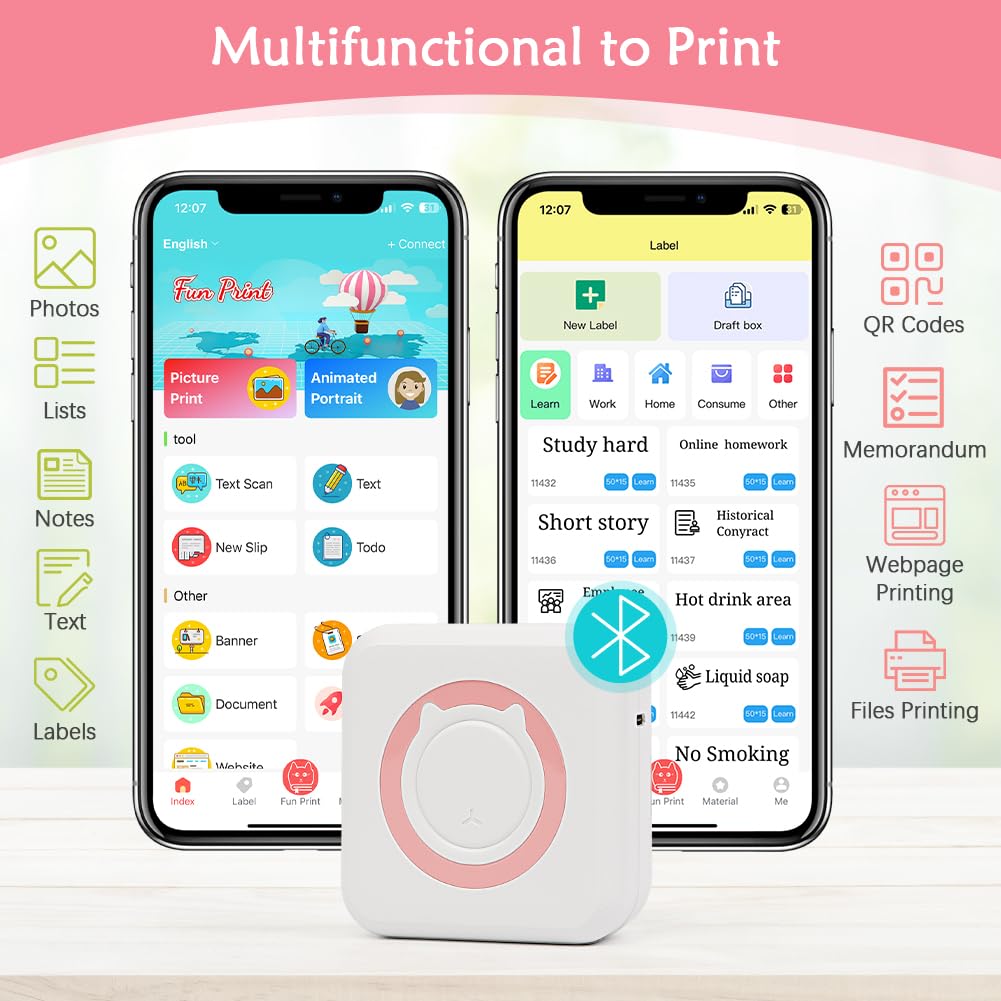 MXiiXM Mini Sticker Printer, Portable Mini Pocket Printer for iPhone, Smart Inkless Thermal Printer with 13 Roll Papers, Bluetooth Mini Printer for Notes, Photos, Stickers, Labels, Receipts (Pink)